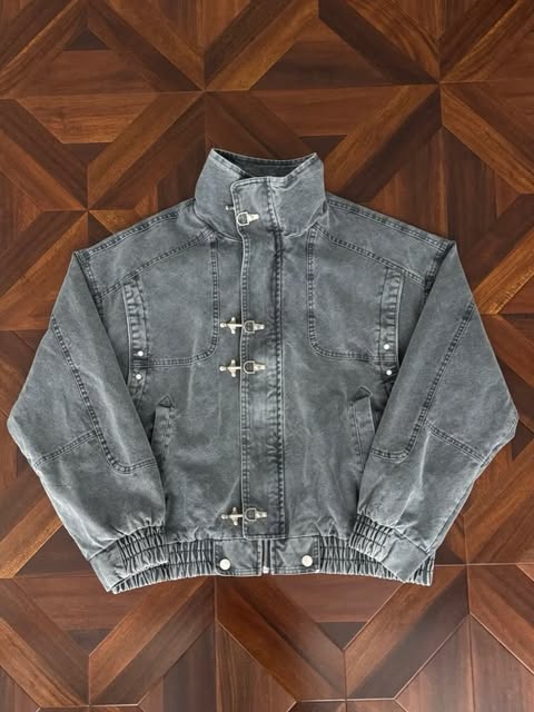 Acid-Washed Denim Fireman Clasp Jacket