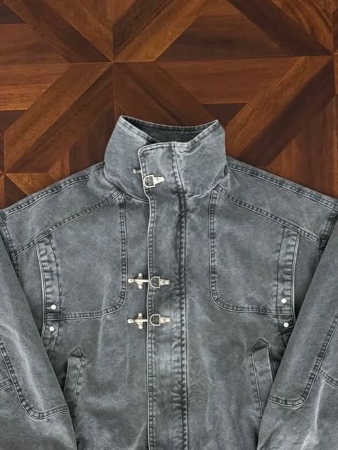 Acid-Washed Denim Fireman Clasp Jacket