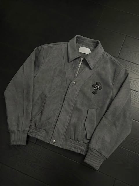 Suede Gothic Cross Patch Bomber Jacket