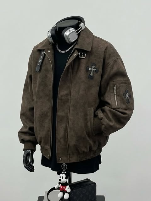 Vintage Buckle-Collar Suede Utility Bomber