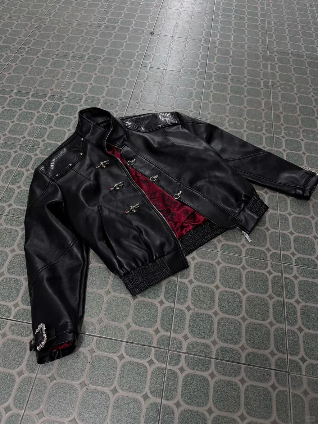 The Noir-Crimson Reversible Leather Jacket with Serpent-Skin Accents