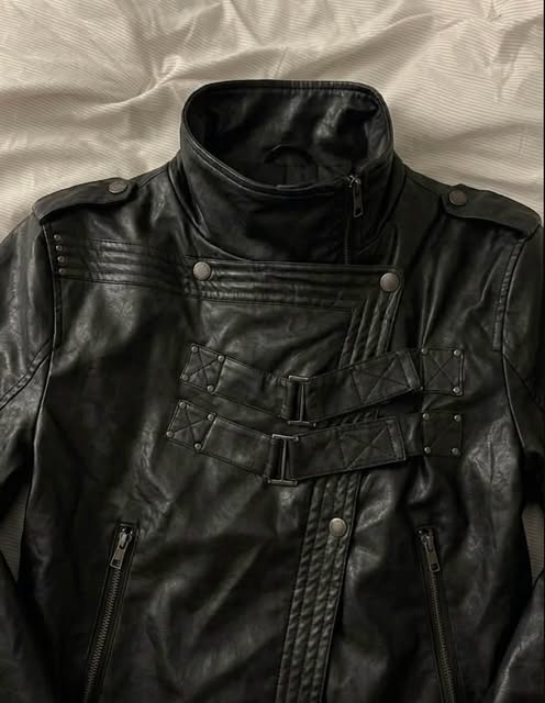 Gothic Industrial Buckled-Placket Leather Biker Jacket
