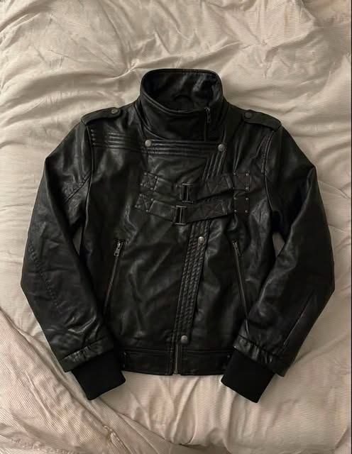 Gothic Industrial Buckled-Placket Leather Biker Jacket