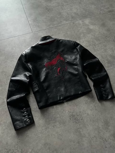 Embroidered Leather Band-Collar Biker Jacket