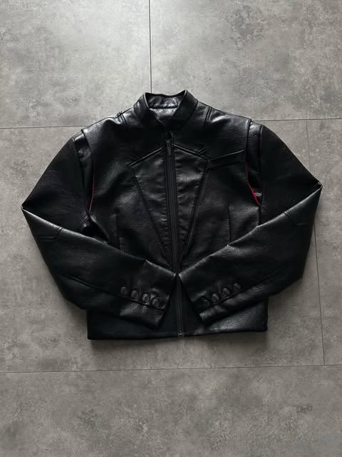 Embroidered Leather Band-Collar Biker Jacket