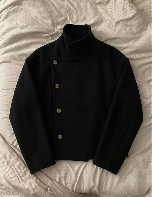 Short Wool-Blend Asymmetric Buttoned Coat