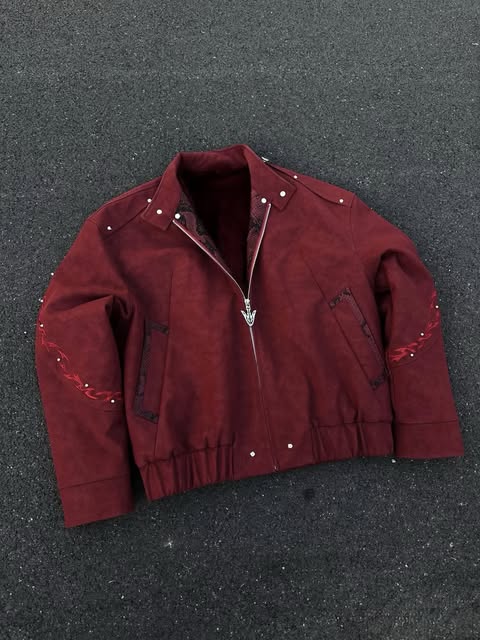 Detachable Fur-Collar Studded Utility Bomber Jacket