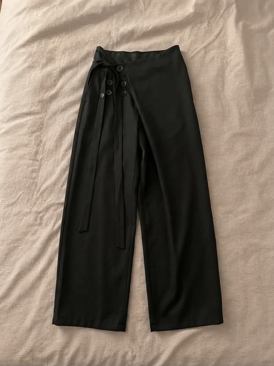 Crossover Flap Side-Tie Wide-Leg Pants