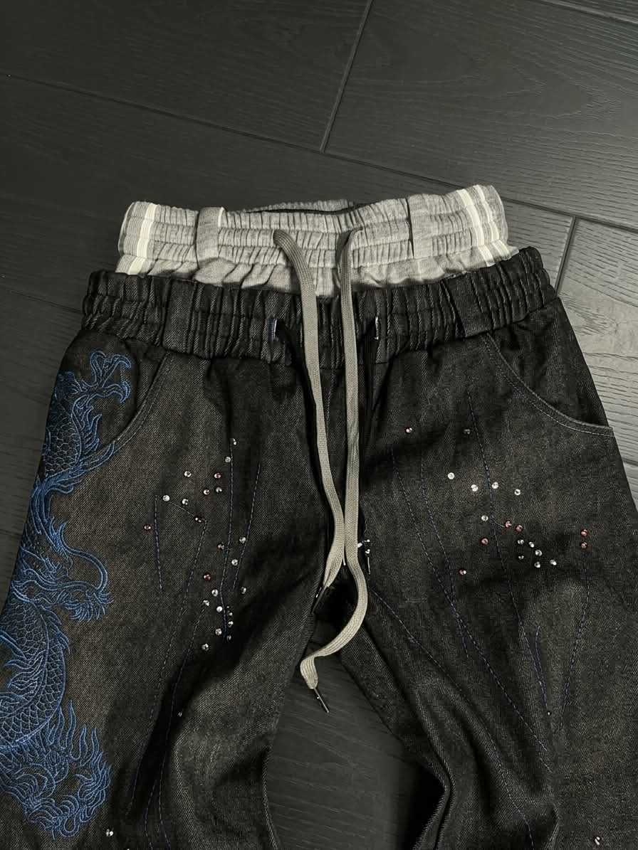 Cyberpunk Blue Dragon Rhinestone Drawstring Denim Pants
