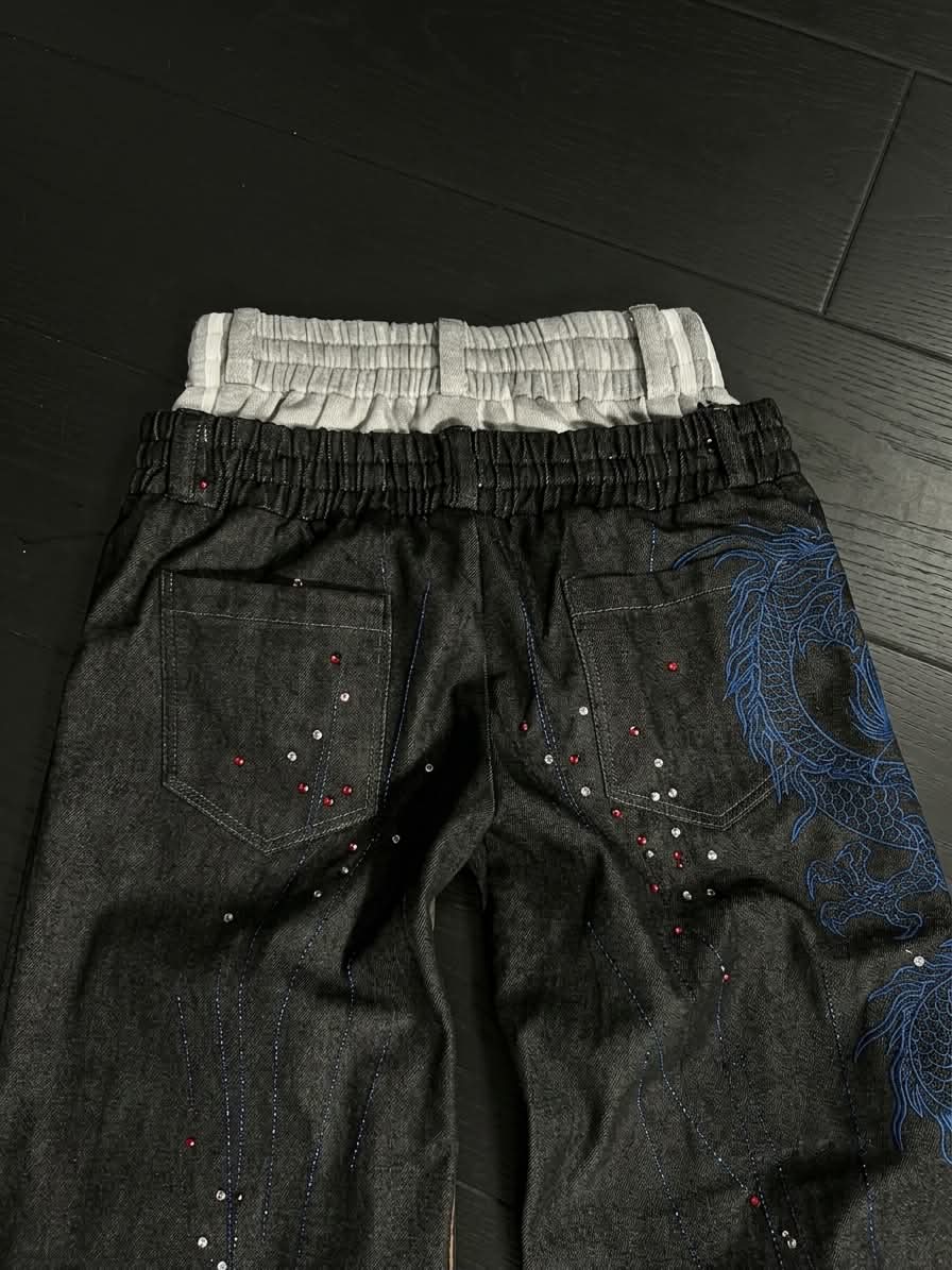 Cyberpunk Blue Dragon Rhinestone Drawstring Denim Pants