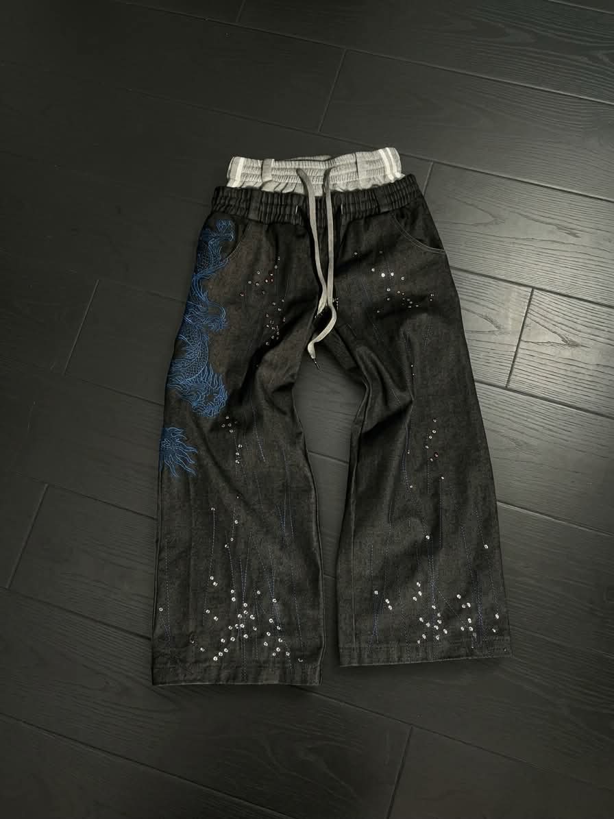 Cyberpunk Blue Dragon Rhinestone Drawstring Denim Pants