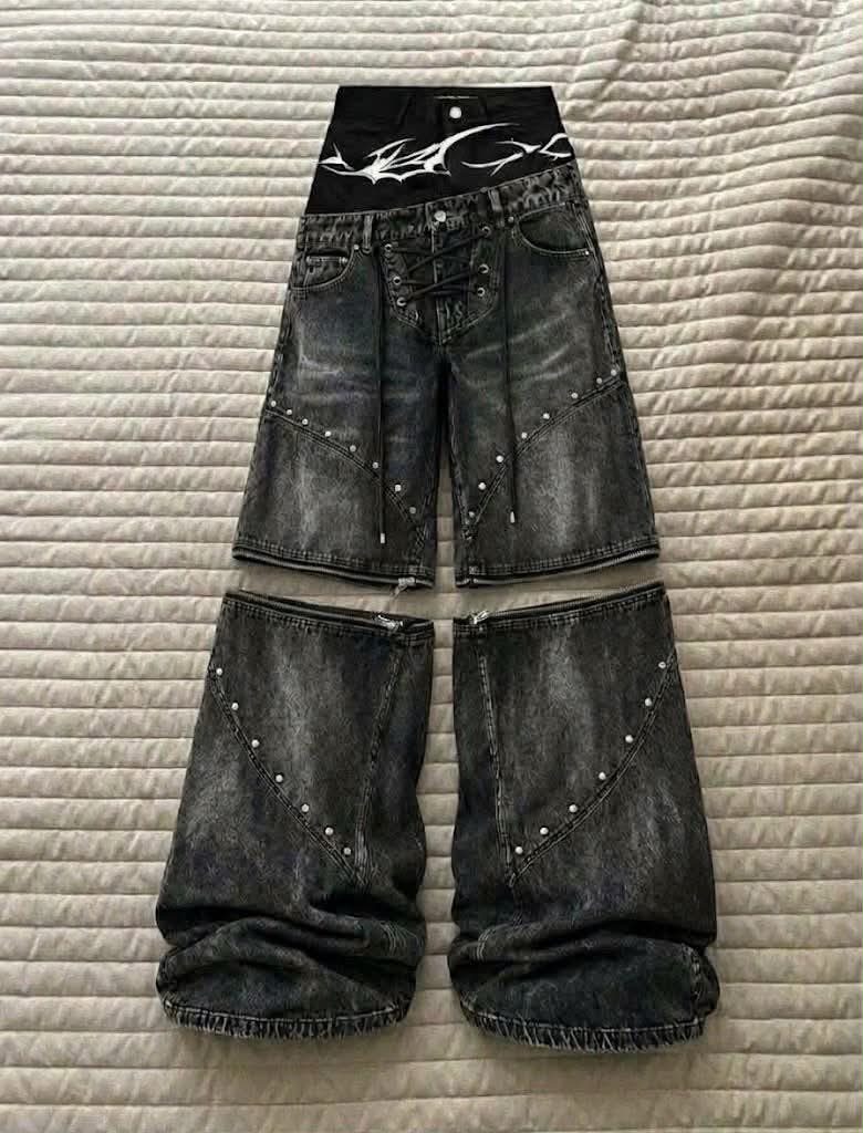 Detachable Zip-Off Cyber-Sigilism Lace-Up Jeans