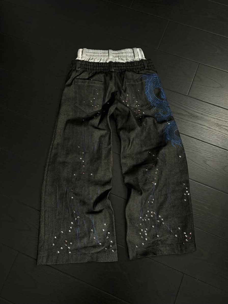 Cyberpunk Blue Dragon Rhinestone Drawstring Denim Pants