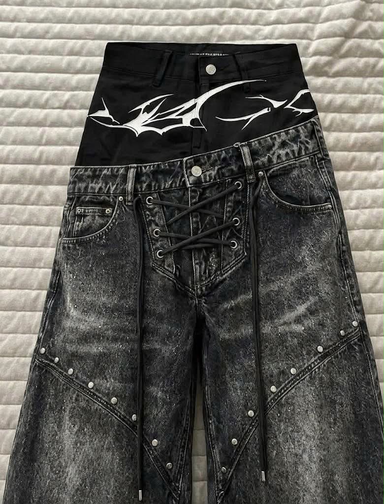 Detachable Zip-Off Cyber-Sigilism Lace-Up Jeans