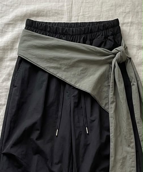 Asymmetric Tie-Waist Contrast-Overlay Trousers