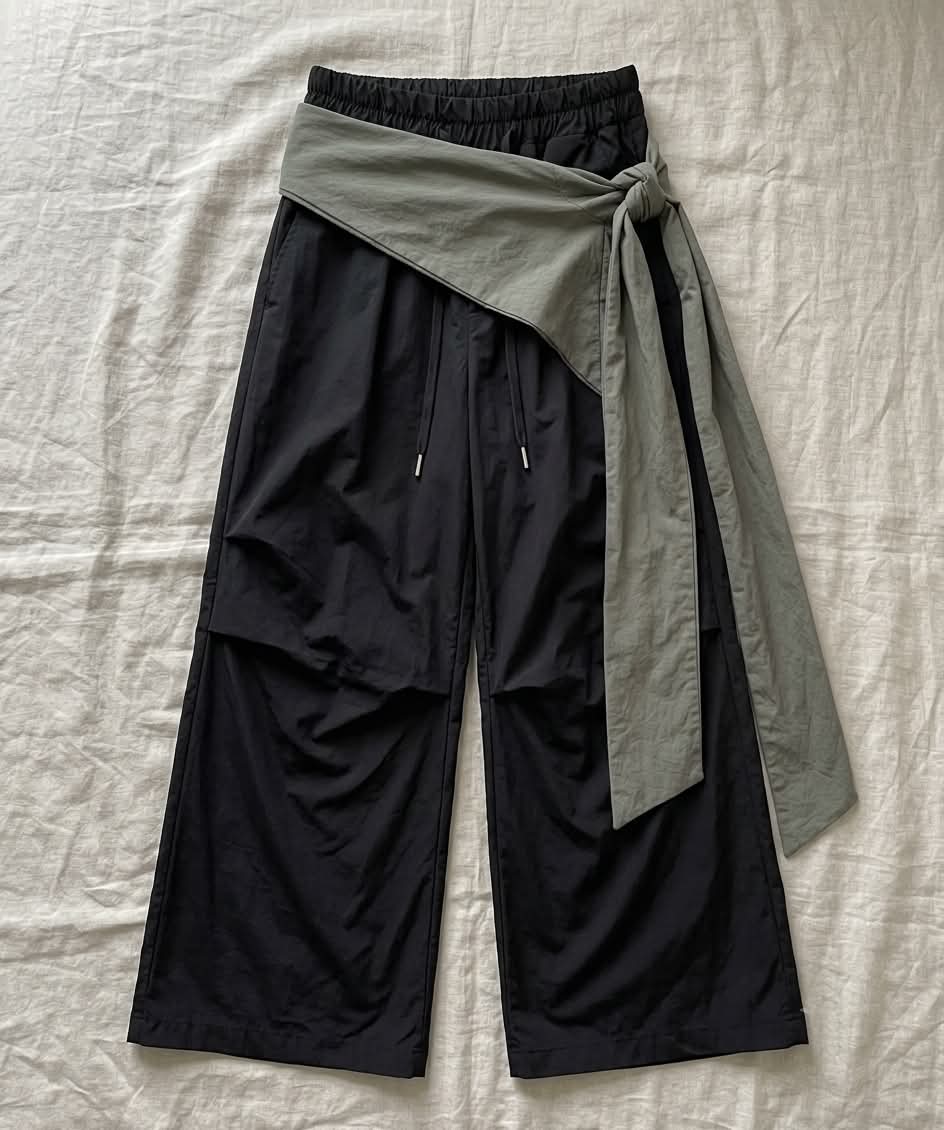 Asymmetric Tie-Waist Contrast-Overlay Trousers