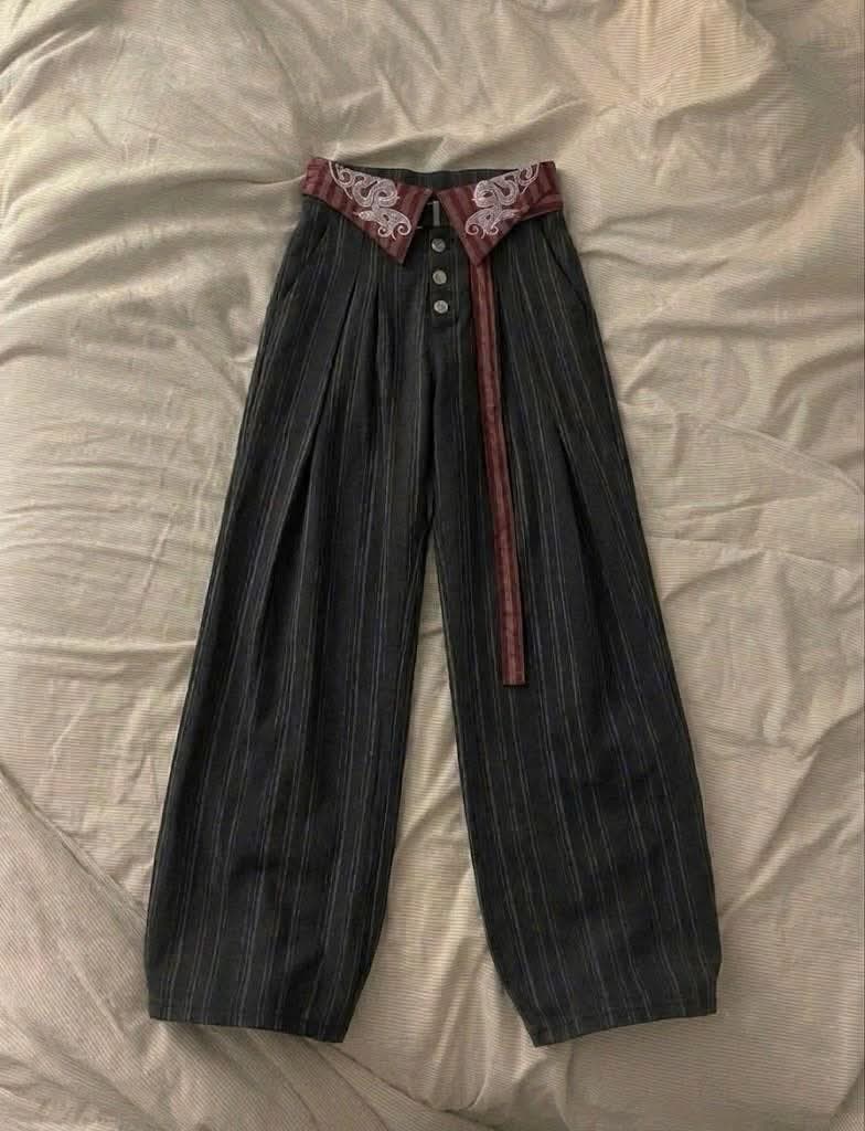 Embroidered Pinstripe Fold-Over Trousers