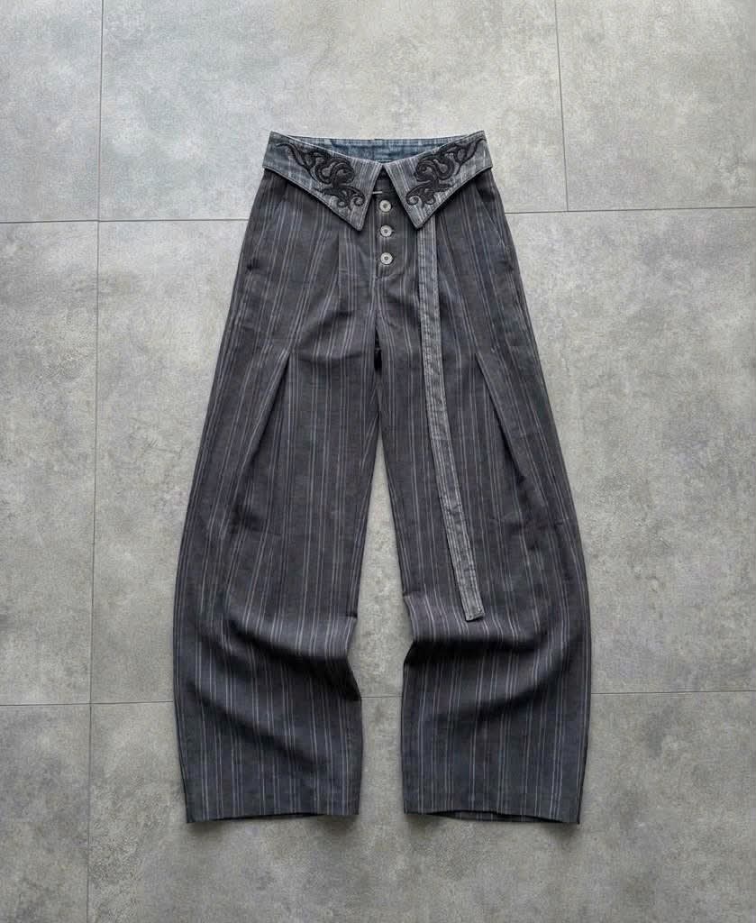Embroidered Pinstripe Fold-Over Trousers