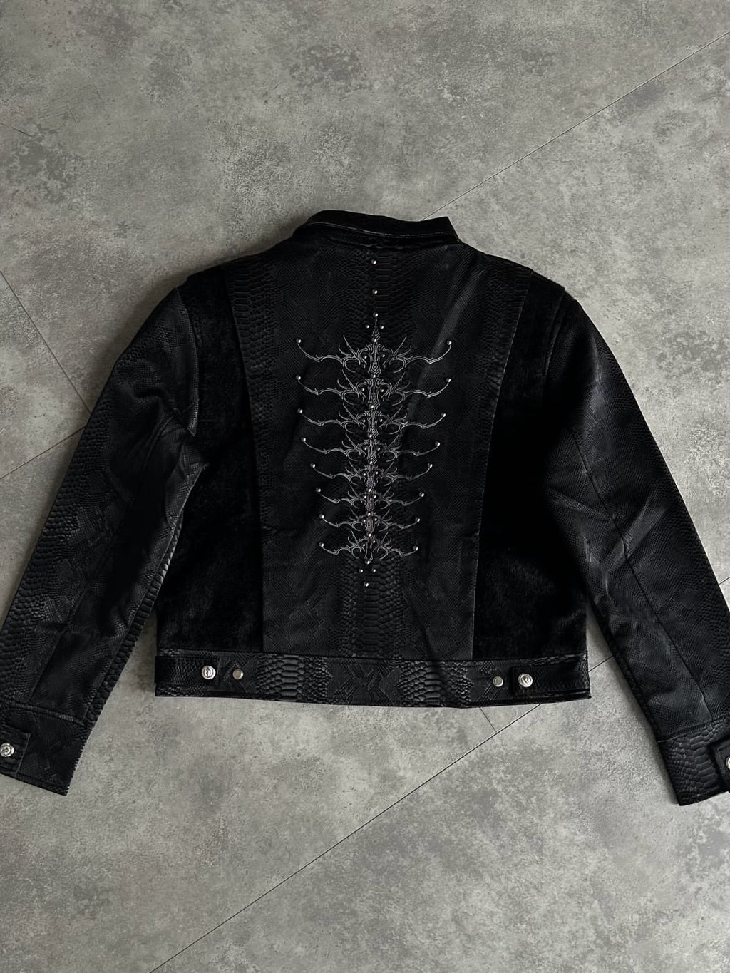 Embroidered Zip-Up Leather Jacket