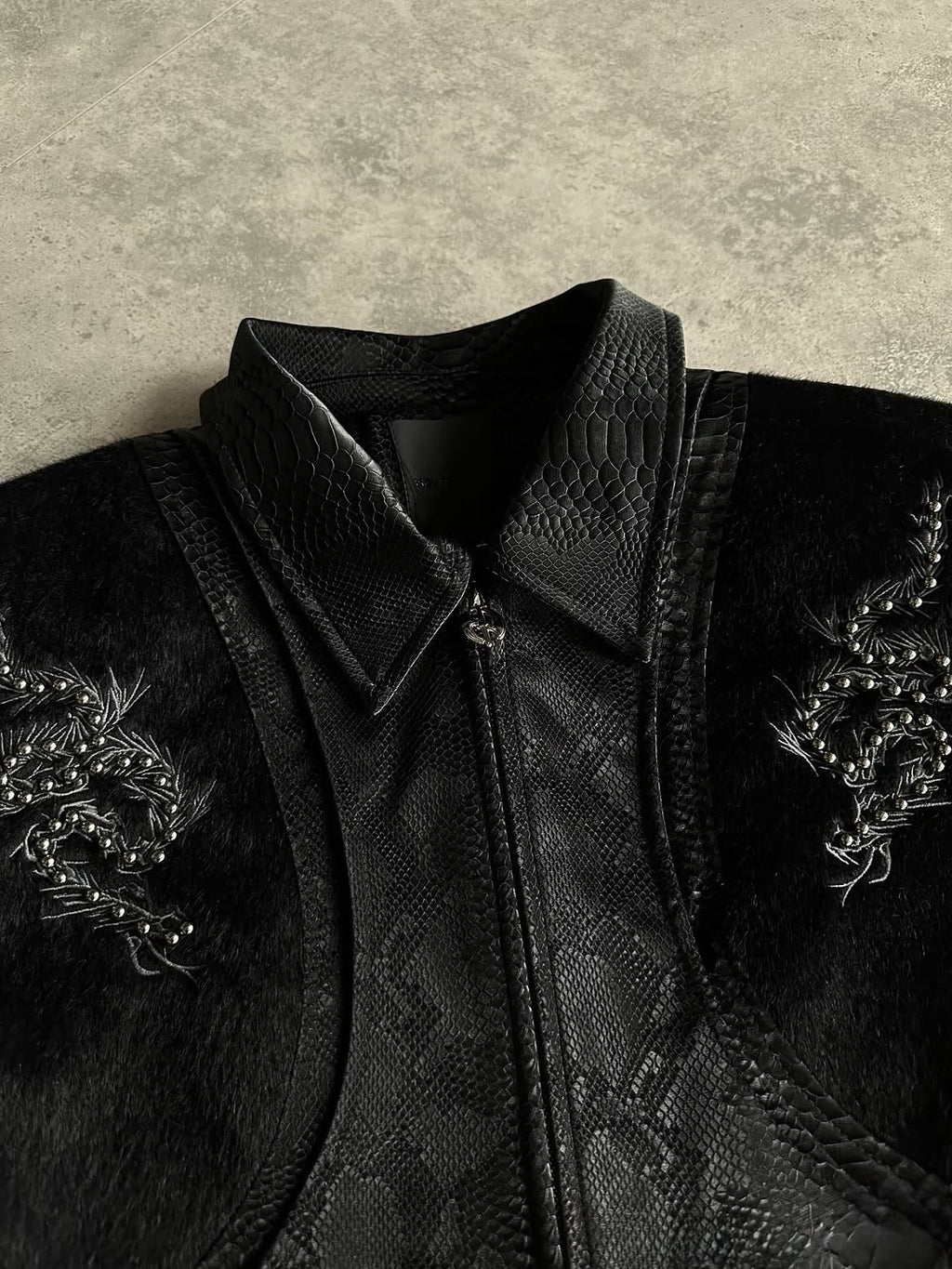 Embroidered Zip-Up Leather Jacket