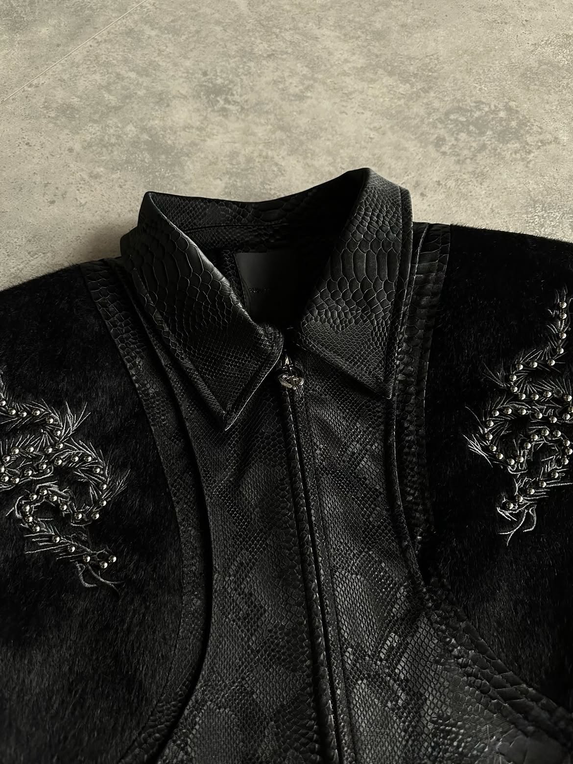 Embroidered Zip-Up Leather Jacket