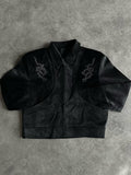 Embroidered Zip-Up Leather Jacket
