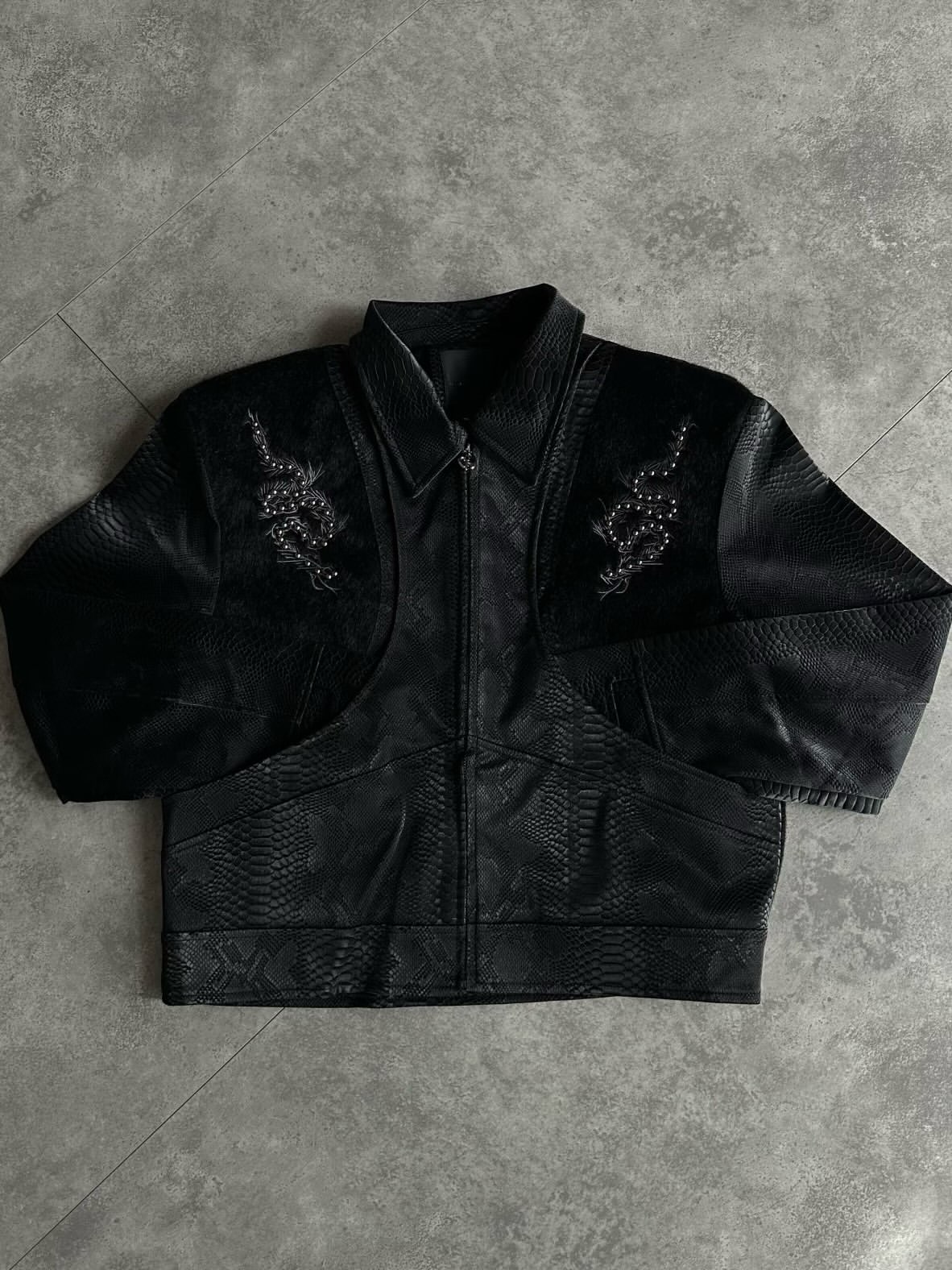Embroidered Zip-Up Leather Jacket