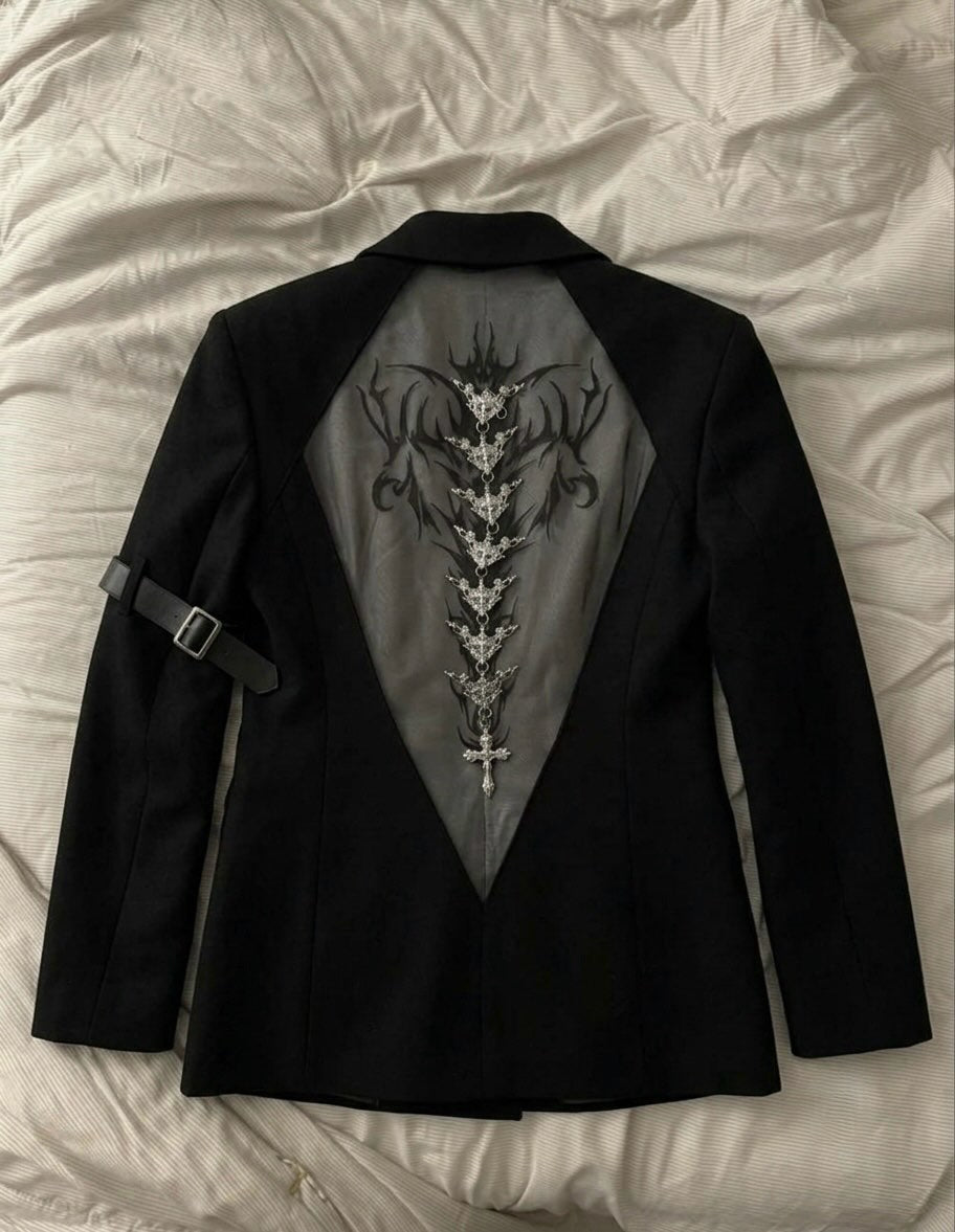 Gothic Cyber-Sigilism Back-Mesh Buckled Blazer