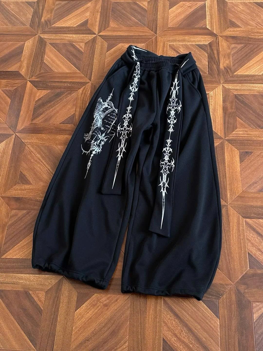 Cyber-Sigilism Graphic Ribbon Wide-Leg Sweatpants