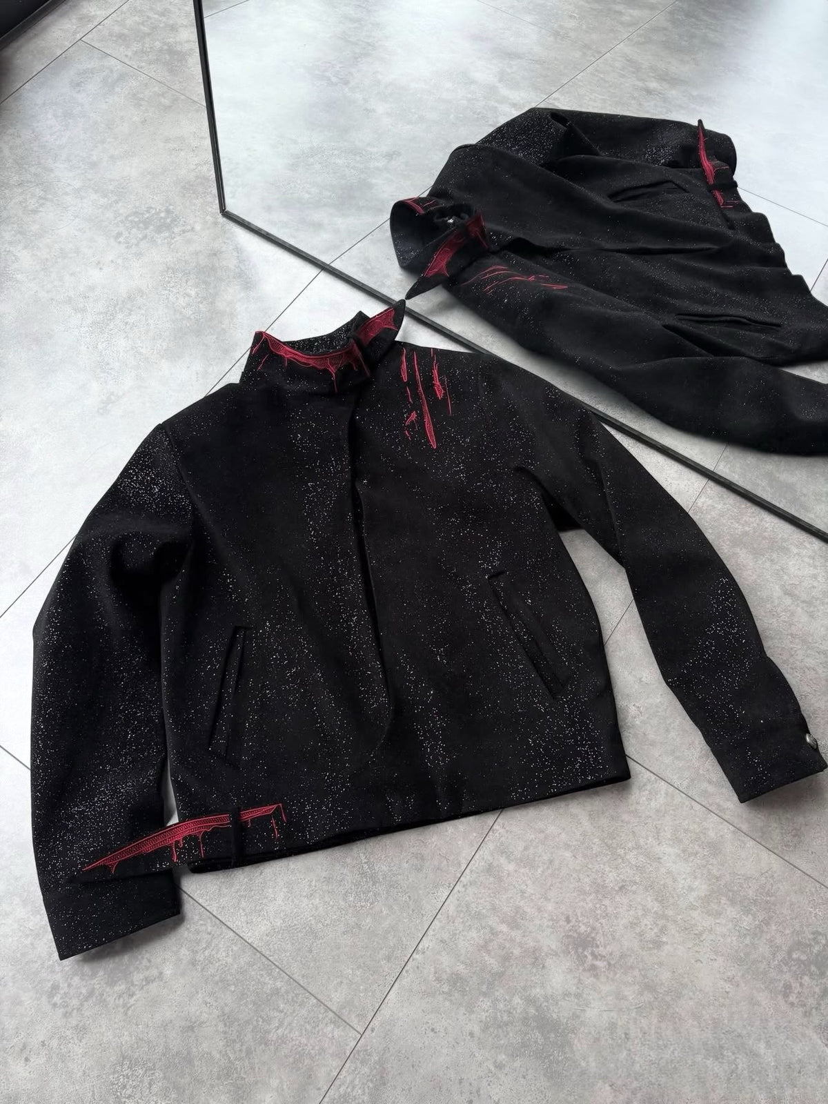 Gothic Crimson-Accented Textured Zip-Up Jacket
