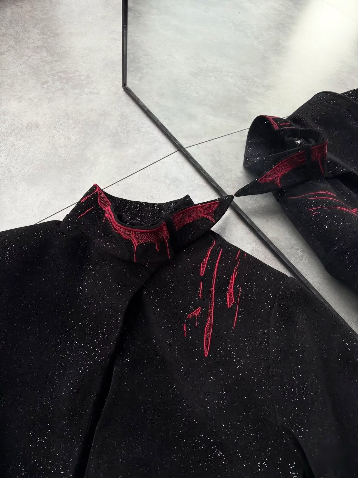 Gothic Crimson-Accented Textured Zip-Up Jacket