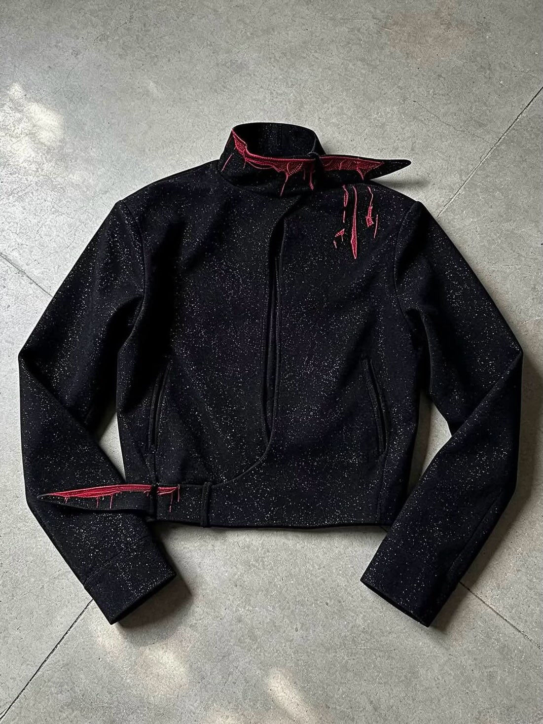 Gothic Crimson-Accented Textured Zip-Up Jacket