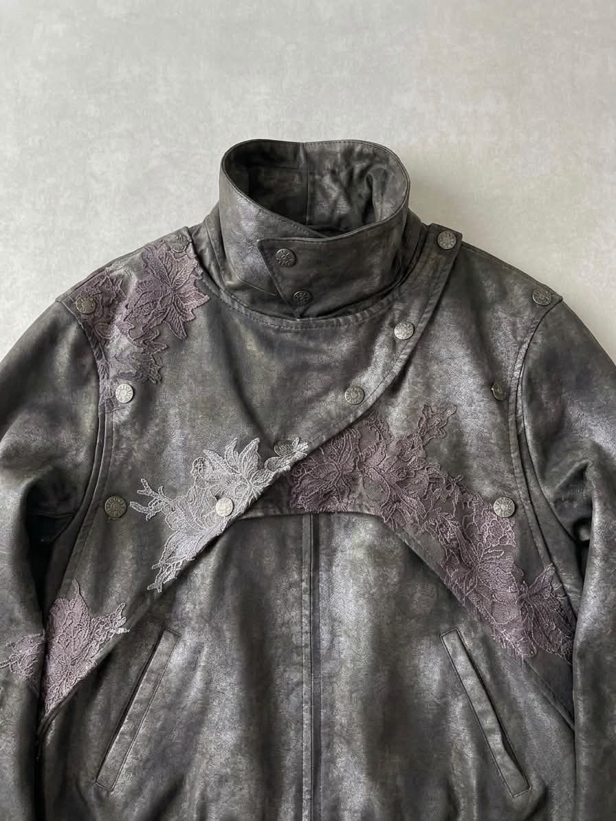 Lace-Applique Asymmetric Flap Leather Biker Jacket