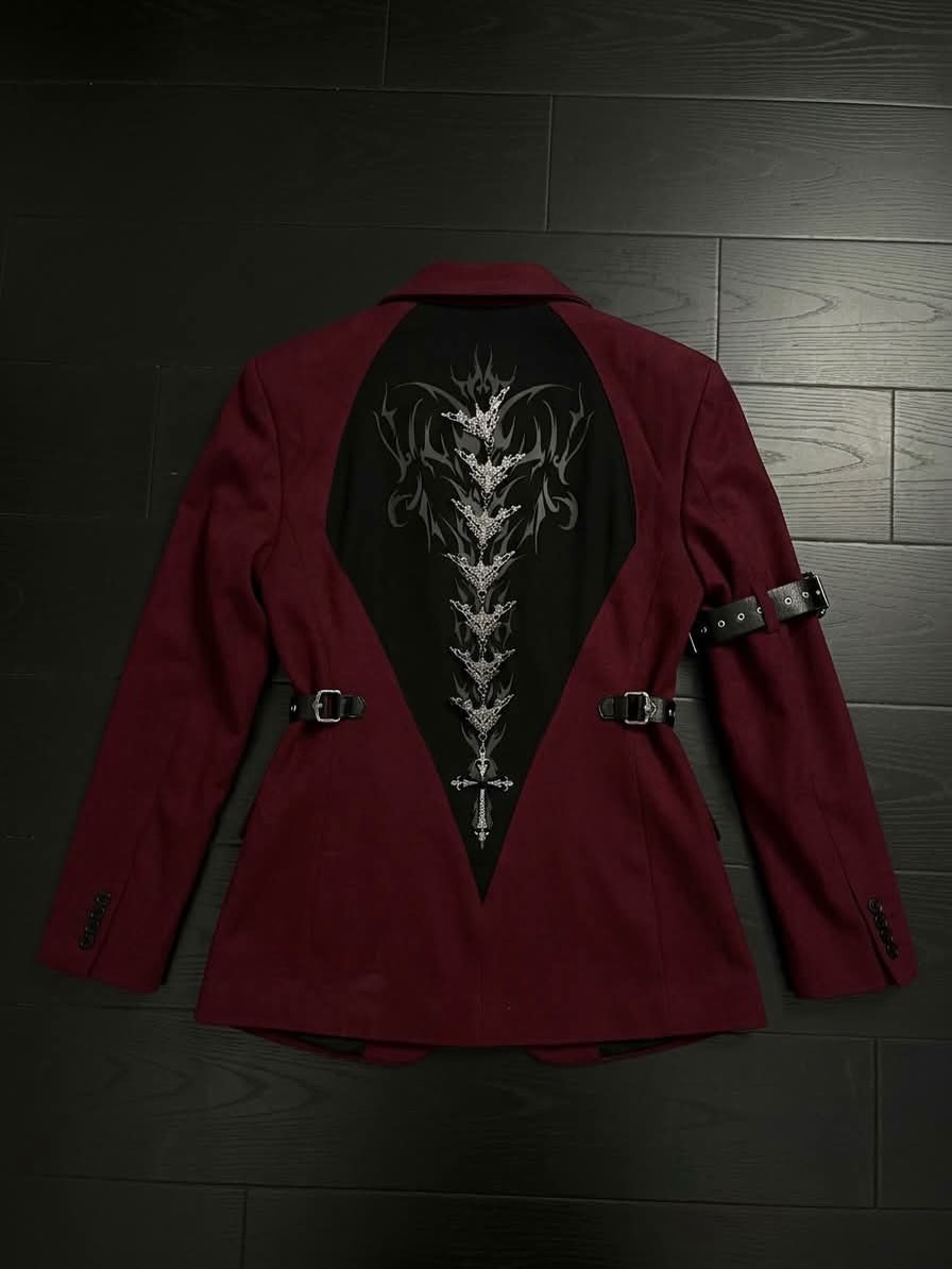 Cyber-Sigilism Back-Graphic Buckled Arm-Strap Blazer