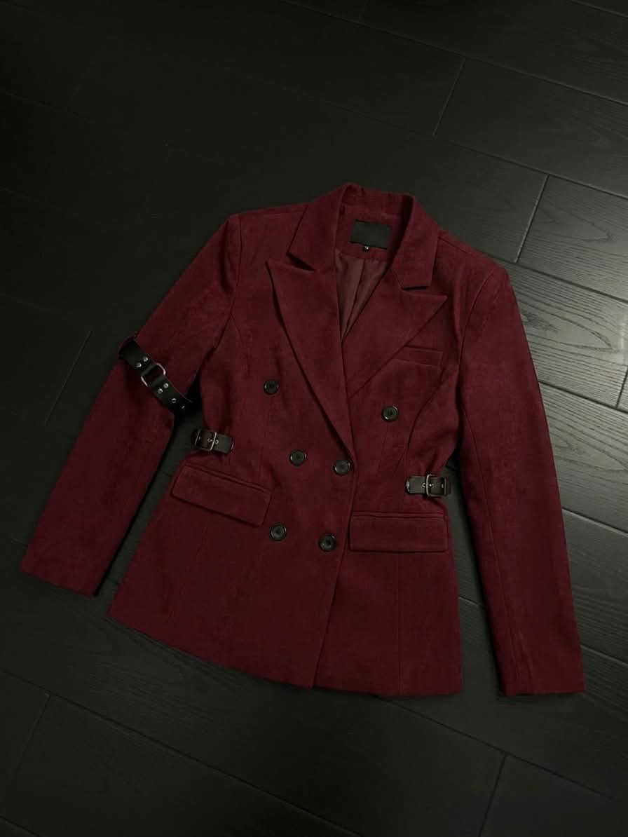 Cyber-Sigilism Back-Graphic Buckled Arm-Strap Blazer
