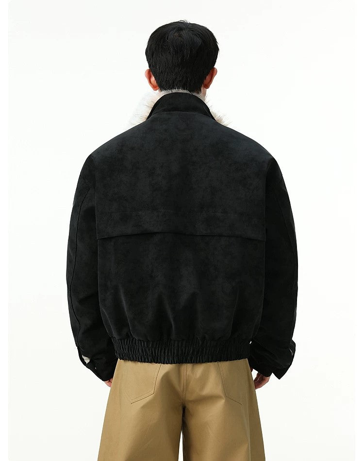 Fireman Clip Fur-Lined Suede Utility Bomber Jacket