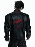 Embroidered Leather Band-Collar Biker Jacket