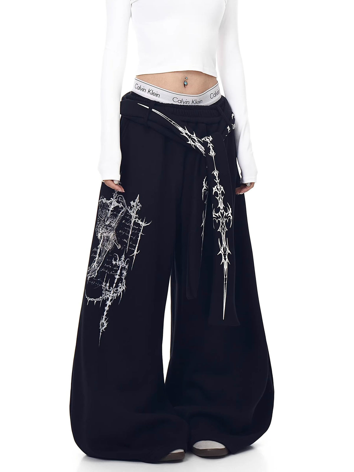 Cyber-Sigilism Graphic Ribbon Wide-Leg Sweatpants