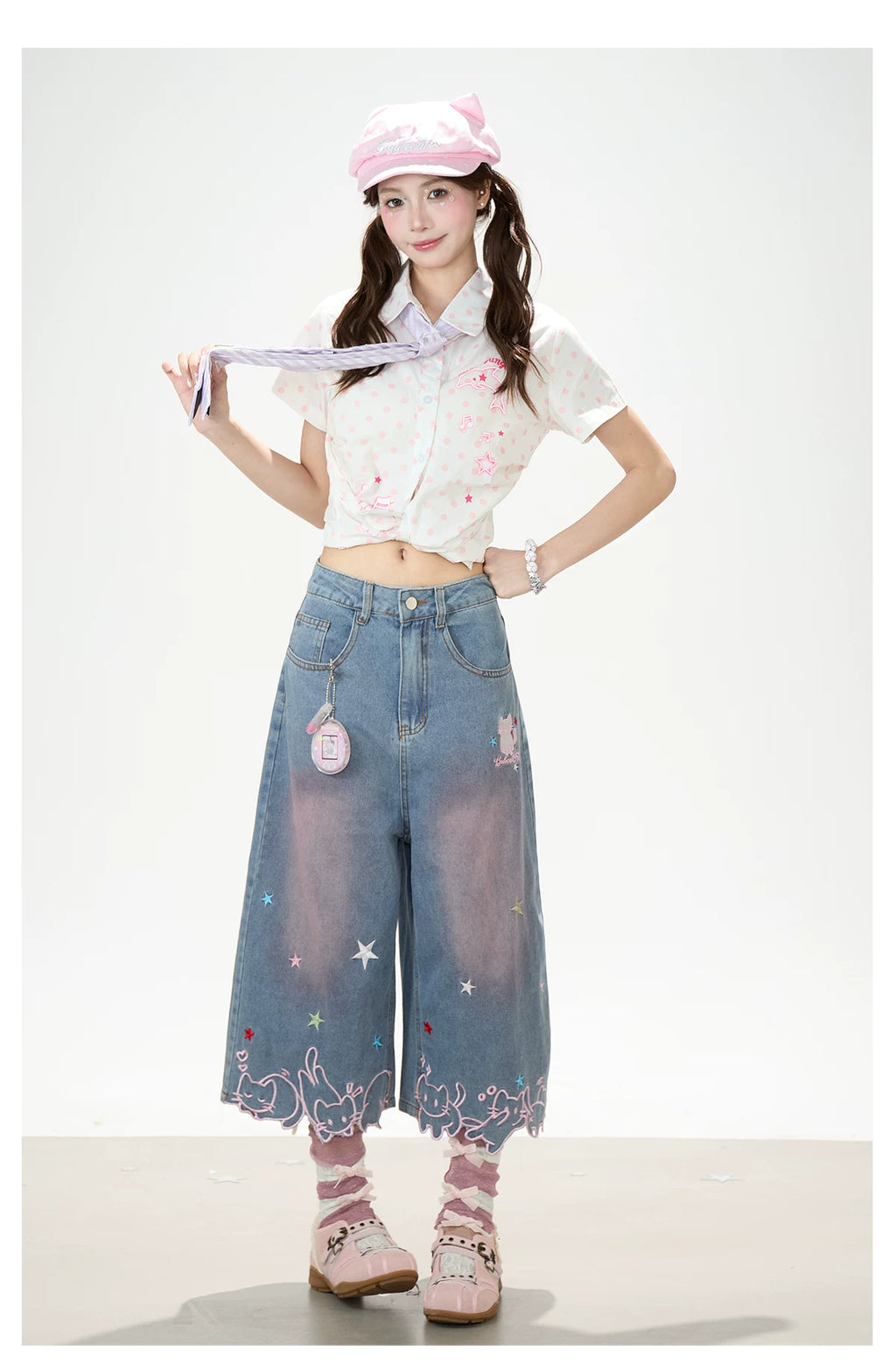 Y2K Harajuku Star & Cat Embroidered Capri Jeans