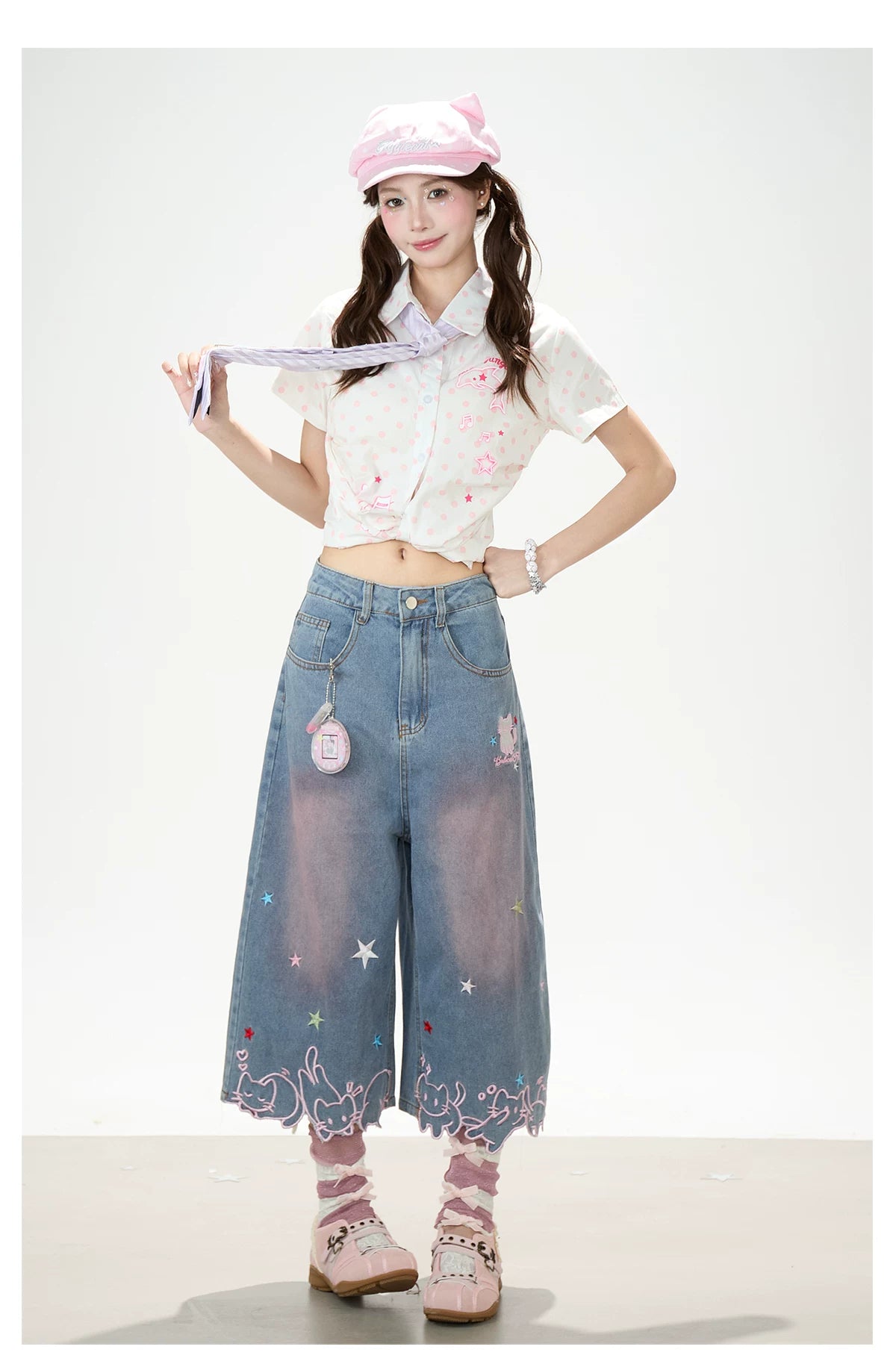 Y2K Harajuku Star & Cat Embroidered Capri Jeans