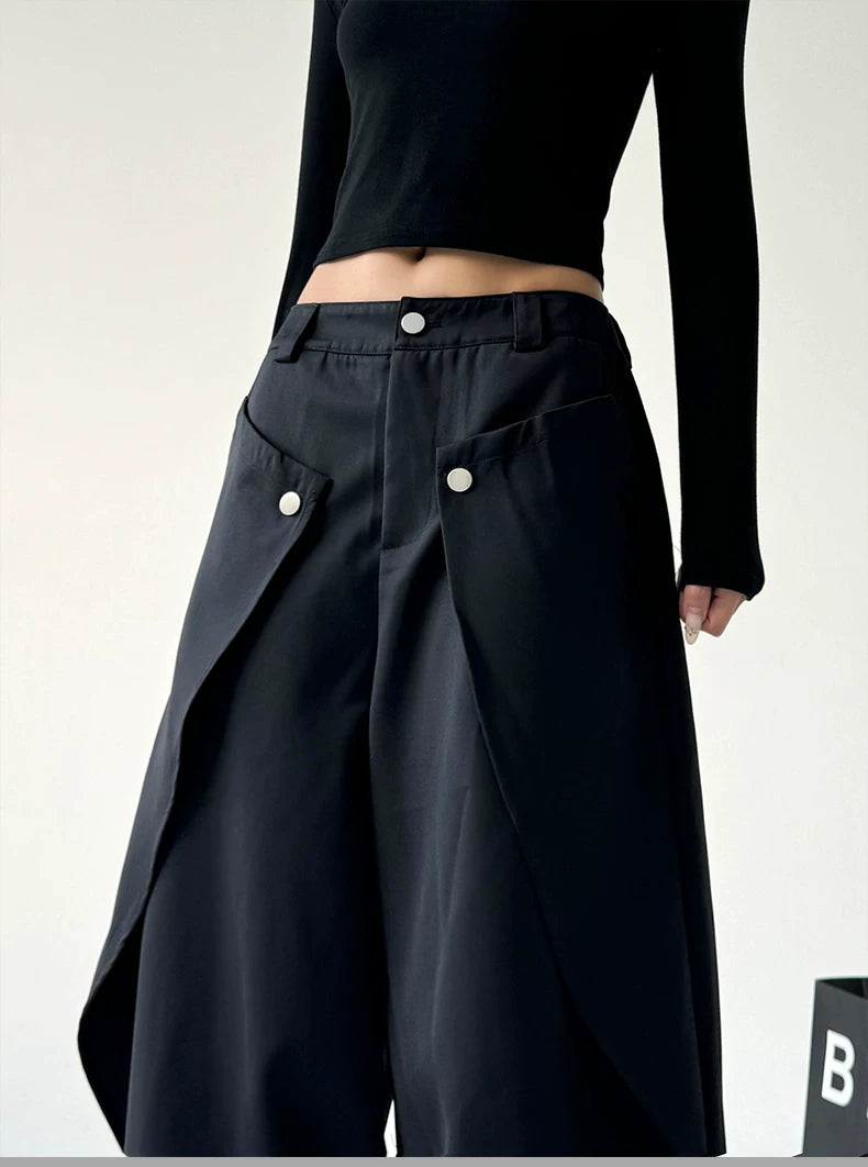Riveted Diagonal Front-Flap Wide-Leg Trousers