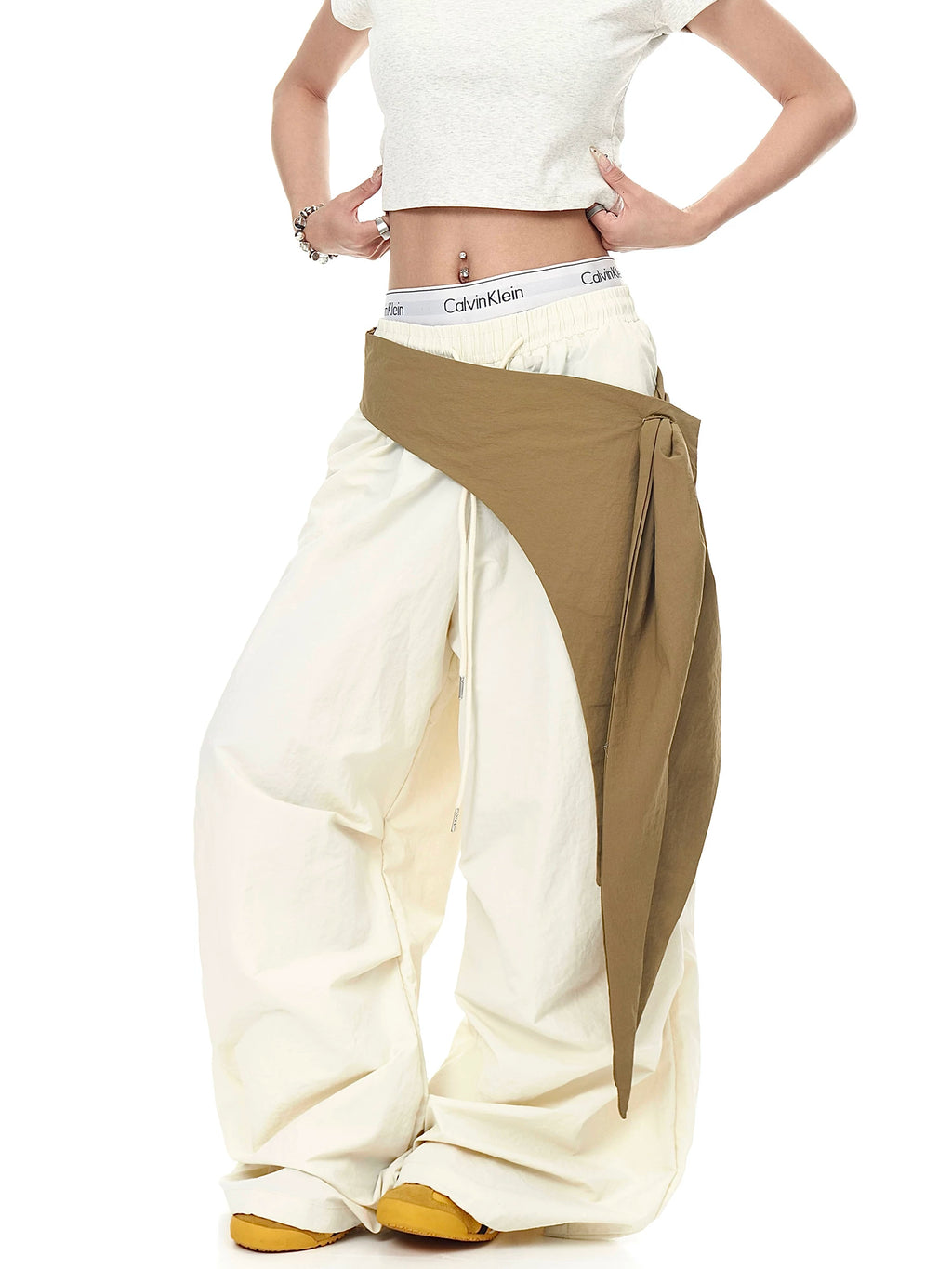 Asymmetric Tie-Waist Contrast-Overlay Trousers