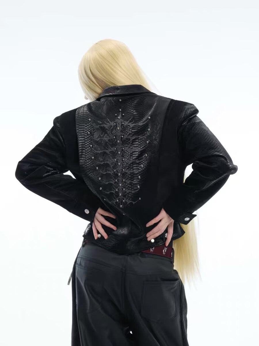 Embroidered Zip-Up Leather Jacket