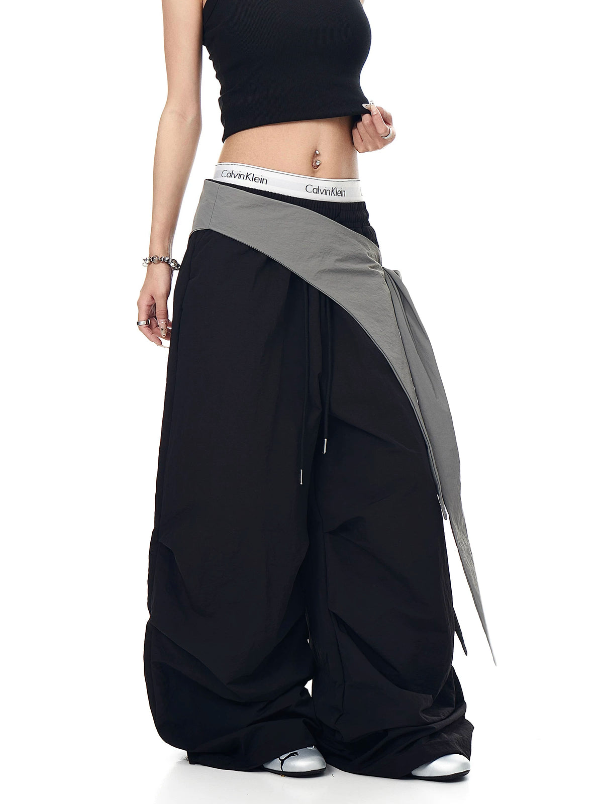 Asymmetric Tie-Waist Contrast-Overlay Trousers
