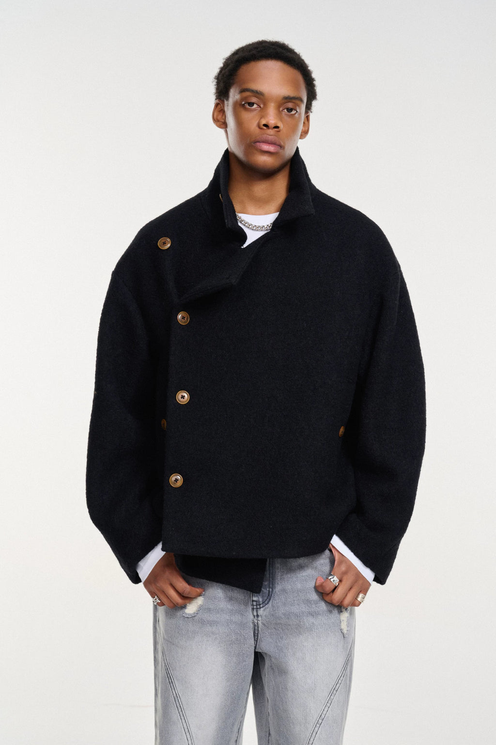 Short Wool-Blend Asymmetric Buttoned Coat
