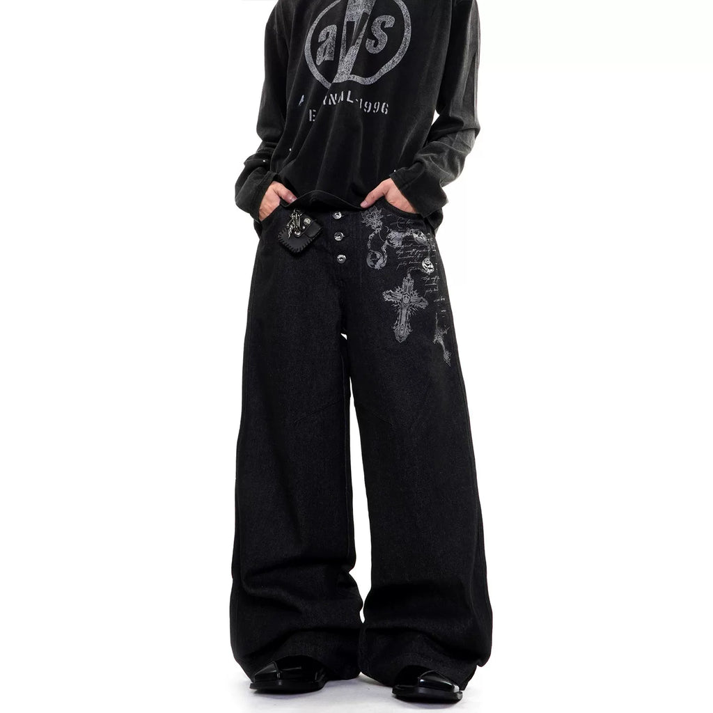 Gothic Cross Wide-Leg Jeans