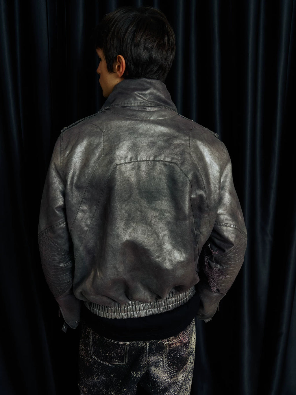 Lace-Applique Asymmetric Flap Leather Biker Jacket