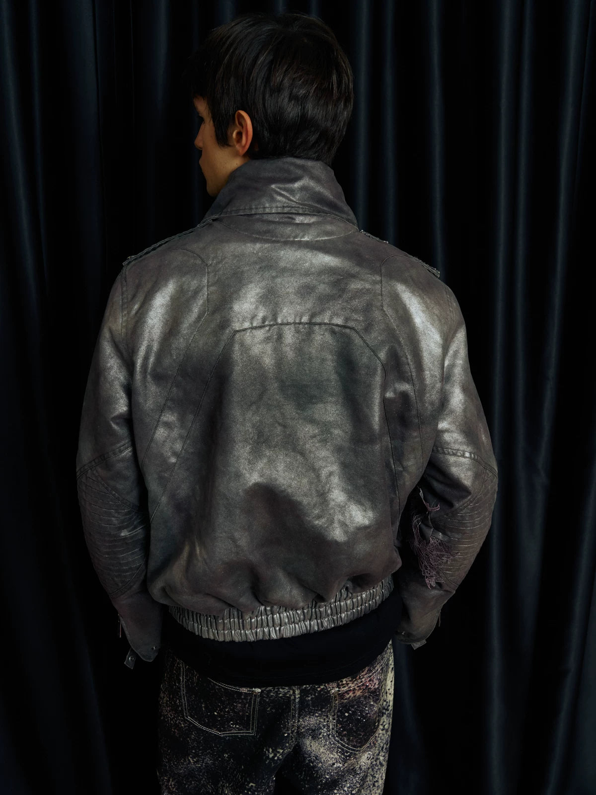 Lace-Applique Asymmetric Flap Leather Biker Jacket