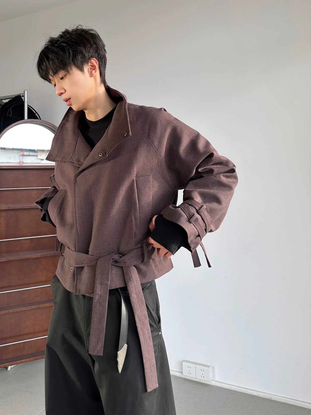 Cropped Belted High-Neck Jacket