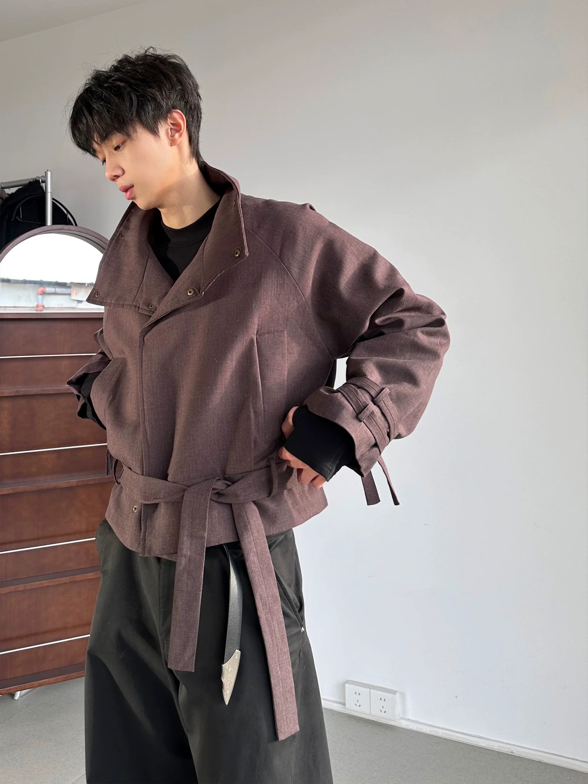 Cropped Belted High-Neck Jacket